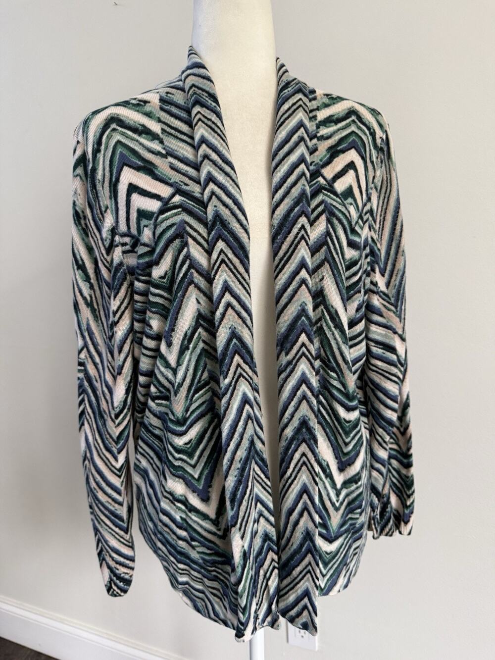 NIC+ZOE Women's Open Front Blue Green Zig Zag Print Long Sleeve Cardigan 1X